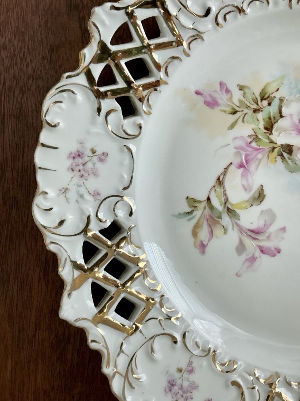 Antique Pierced Porcelain Plate Apple Blossom Floral Gold Gilt 10in - Picture 15 of 16
